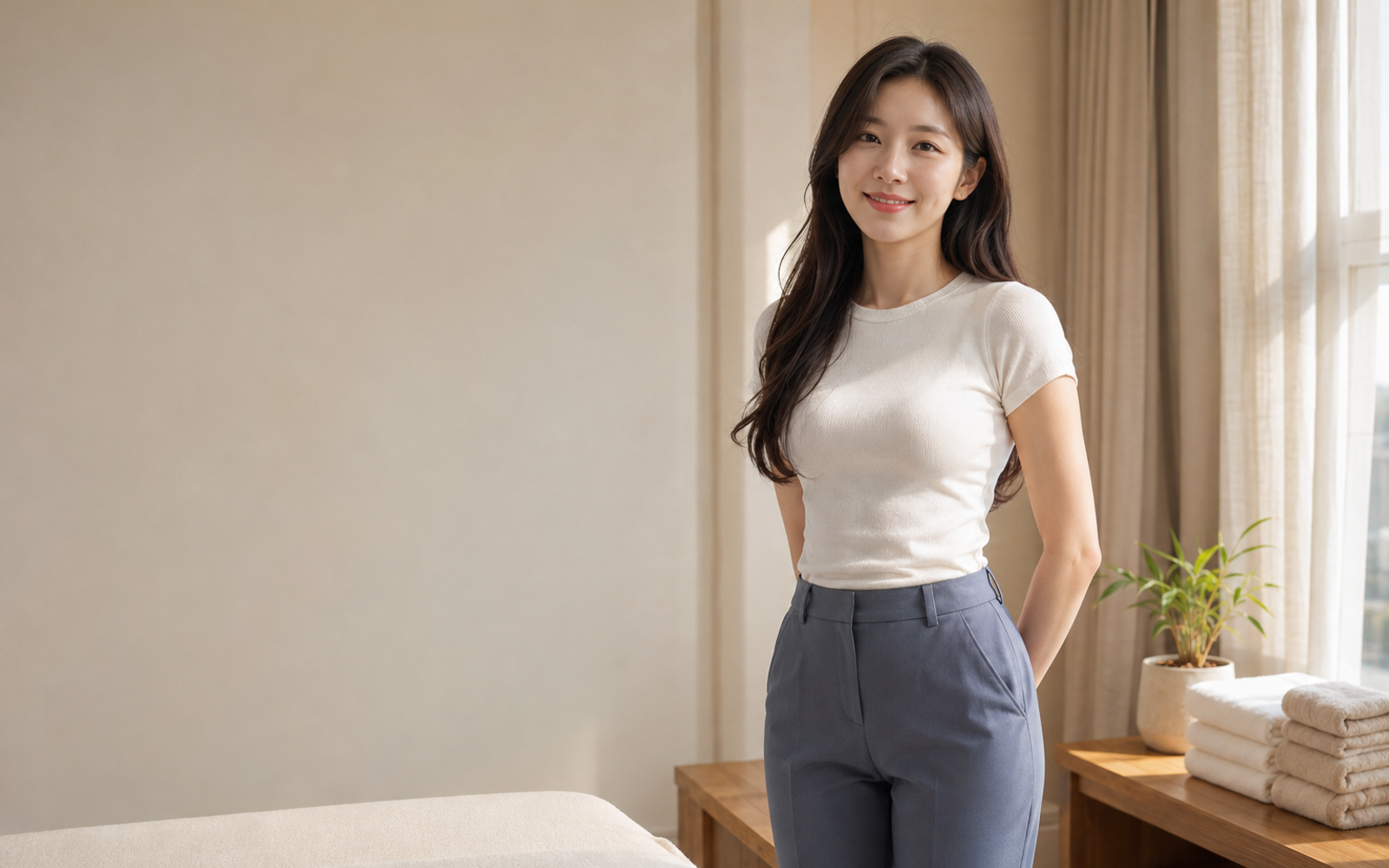 서울 강북구 방문 홈케어를 안내하는 젊은 성인 한국 여성 관리사